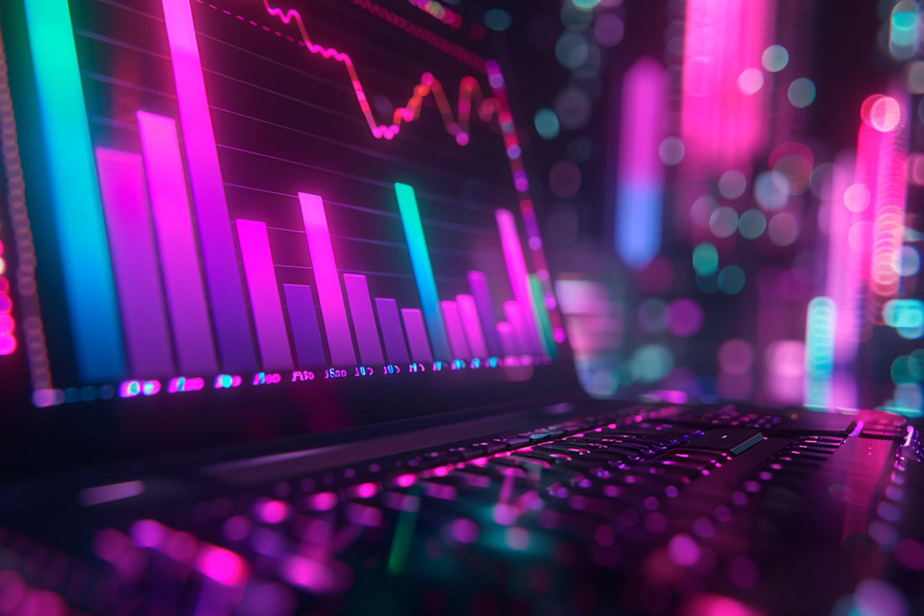 Imagen de laptop con gráficas de distintos colores iluminadas por luz neón
