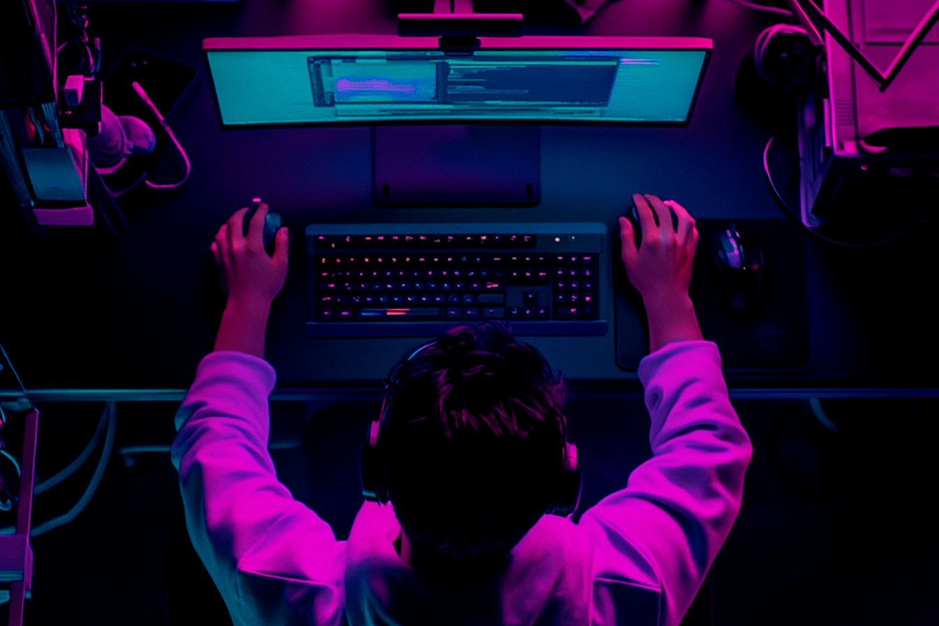 Hombre frente a monitor de computadora desde una vista cenital 