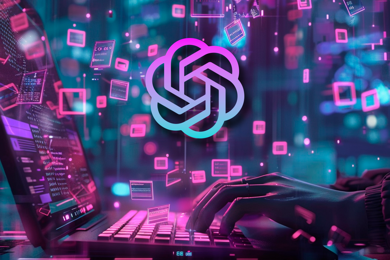 Logo de chat gpt con manos en teclado de una computadora portatil