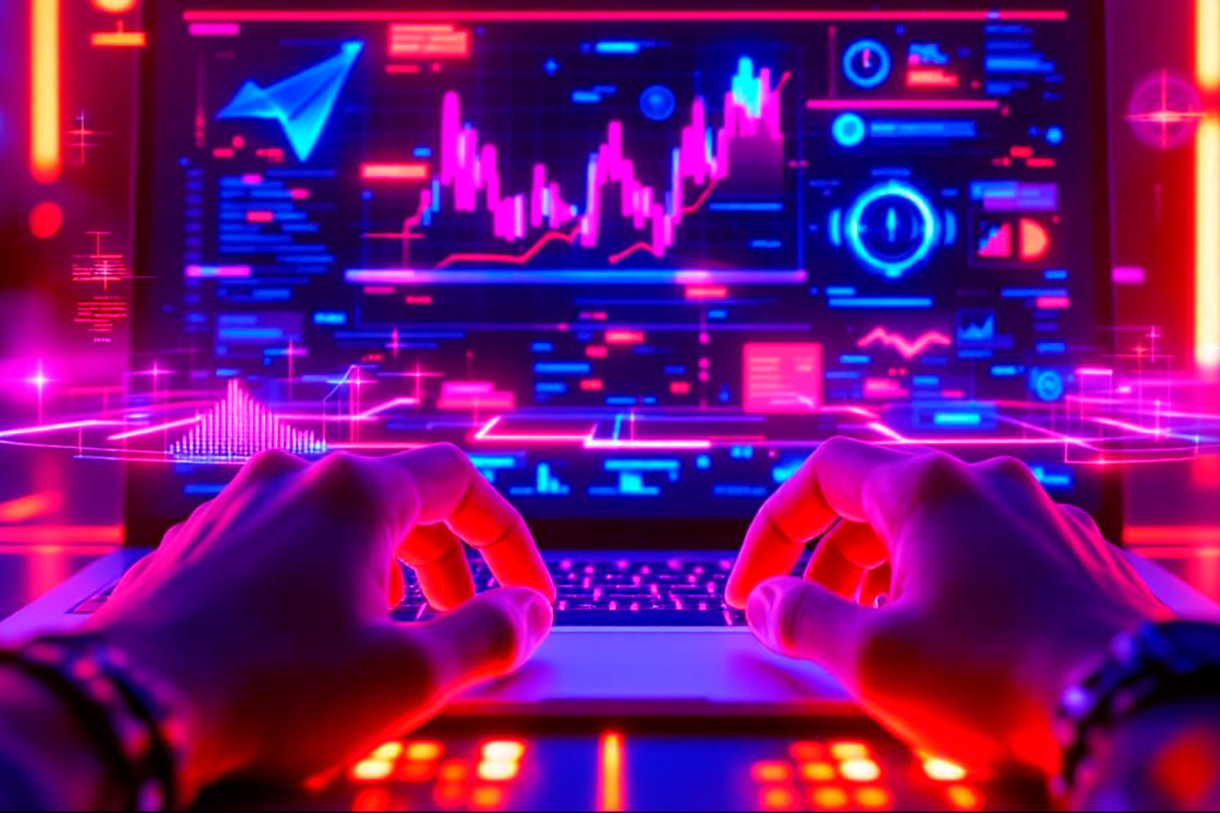 vista de monitor de computadora portátil que muestra imágenes de estadísticas en color neón 