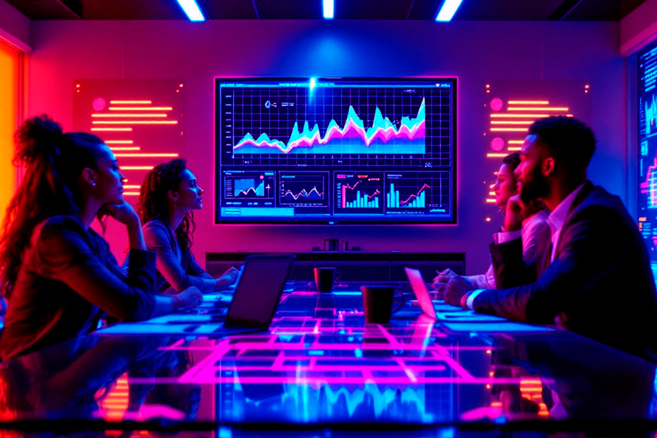 Sala de juntas con un monitor central que muestra gráficas en diversos colores al estilo neón