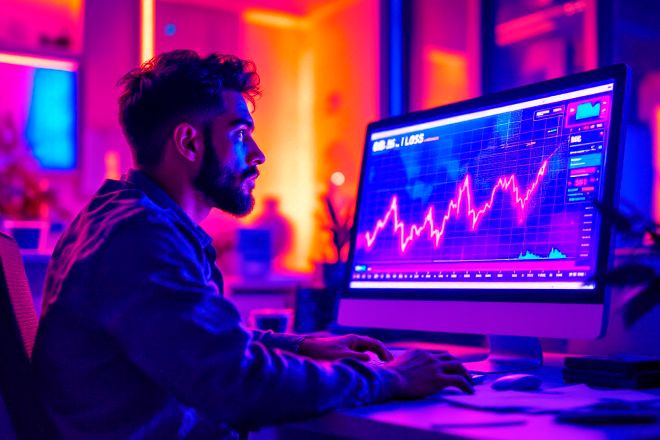 Imagen de un hombre frente a monitor de computadora que muestra gráficas en color neón