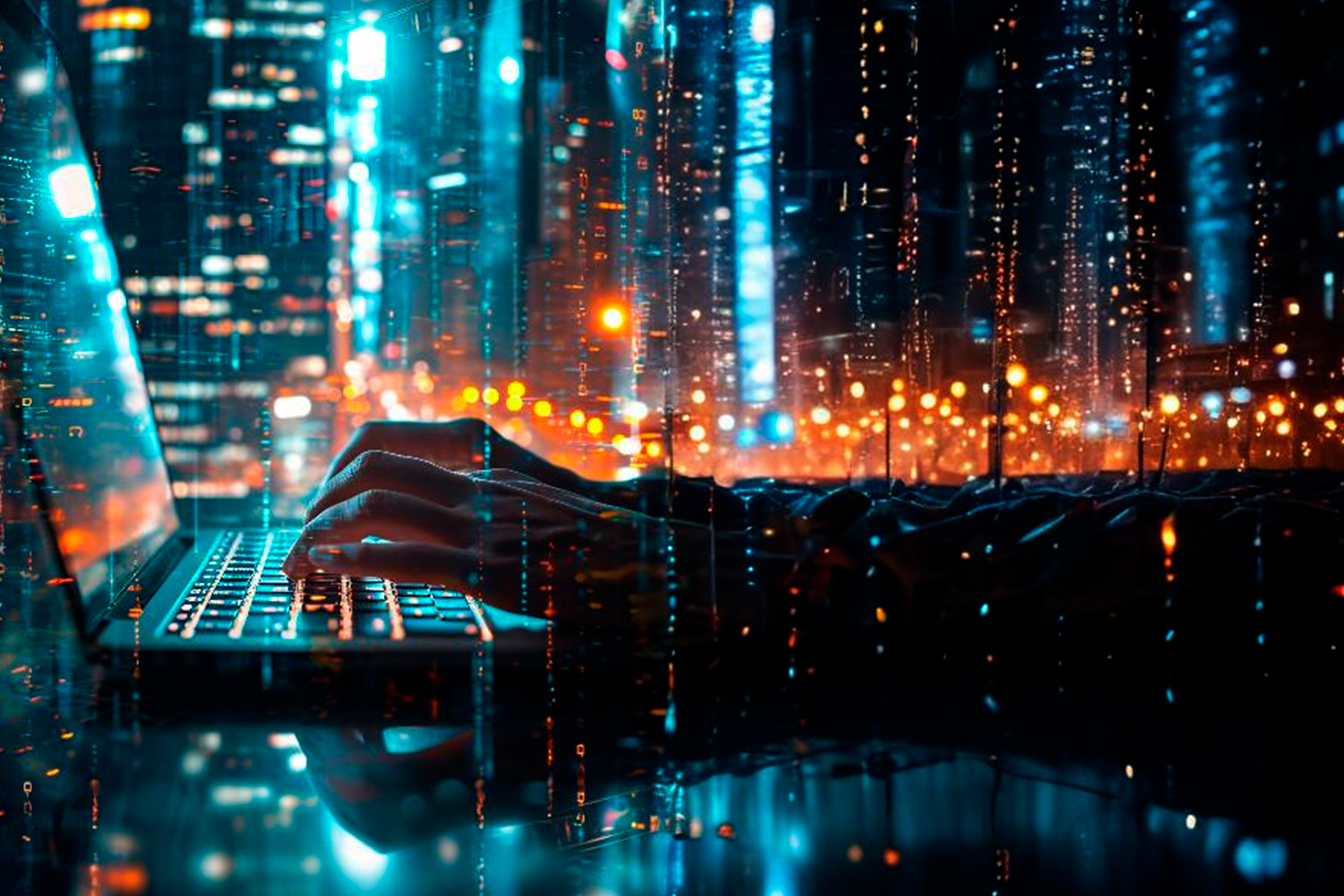 Manos sobre teclado de computadora, toma lateral con luces semi neon 