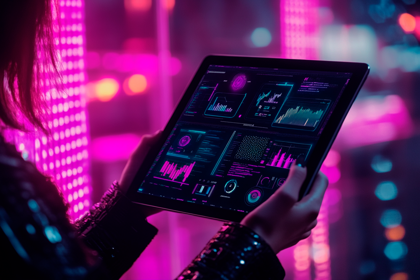 Vista en tres cuartos de una tableta digital con imágenes variadas entre ellas estadísticas y gráficas