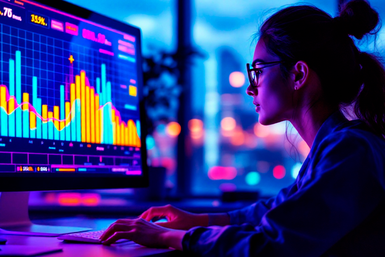 Mujer frente a computadora viendo distintas estadísticas en el monitor